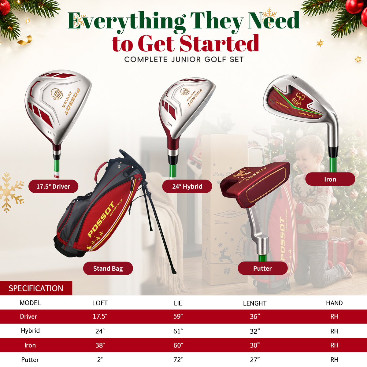 POSSOT Kid Golf Club Set, Christmas Gift for Young Beginner Golfers
