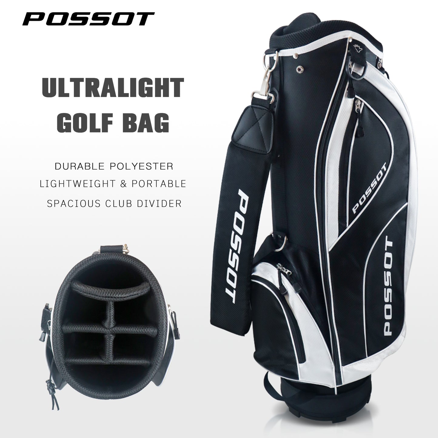 6 Way Cart Golf Bag for Men and Women - Lightweight Golf Club Bag for Beginners & Seniors, 6 Pockets Professional Trolley Bag with Full Length Dividers, Rain Hood & Stable Base, Black and White