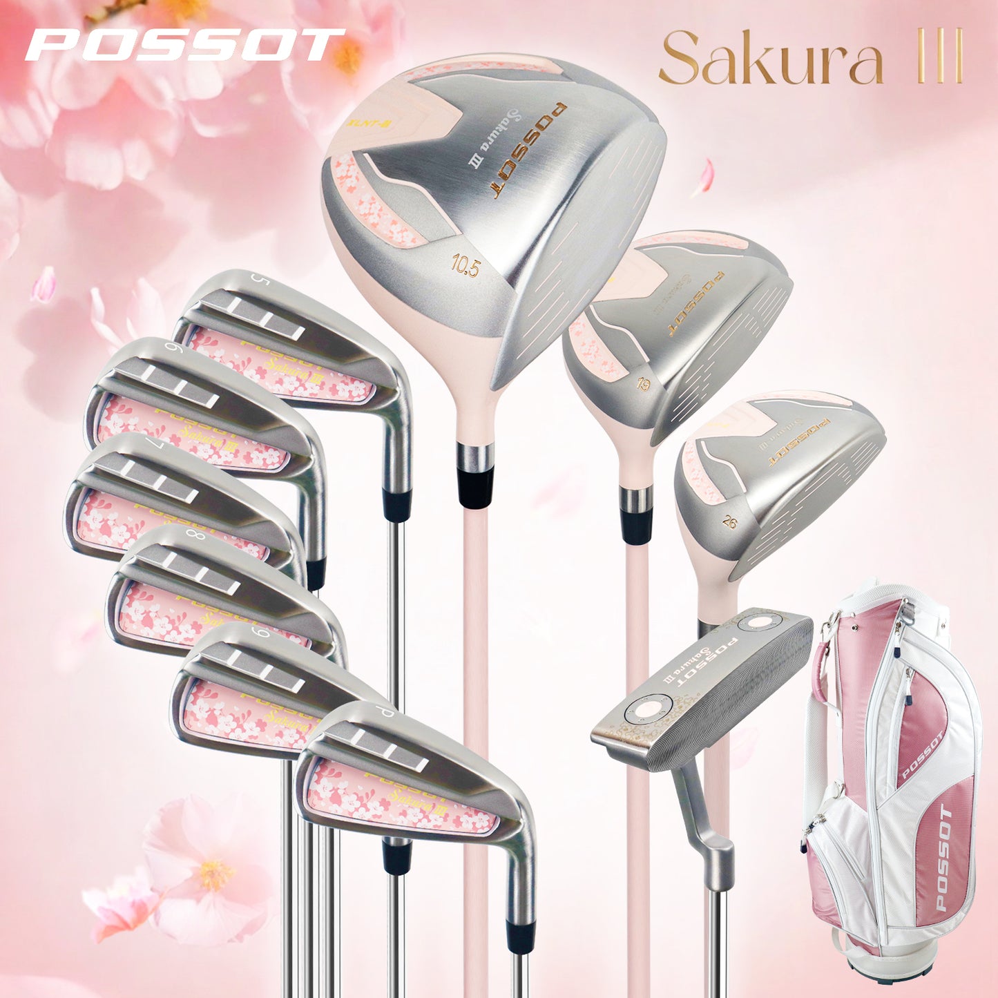 POSSOT Sakura III Women’s Complete Golf Club Set – Pink Ladies Carbon Golf Clubs Full Set with Matching Golf Bag